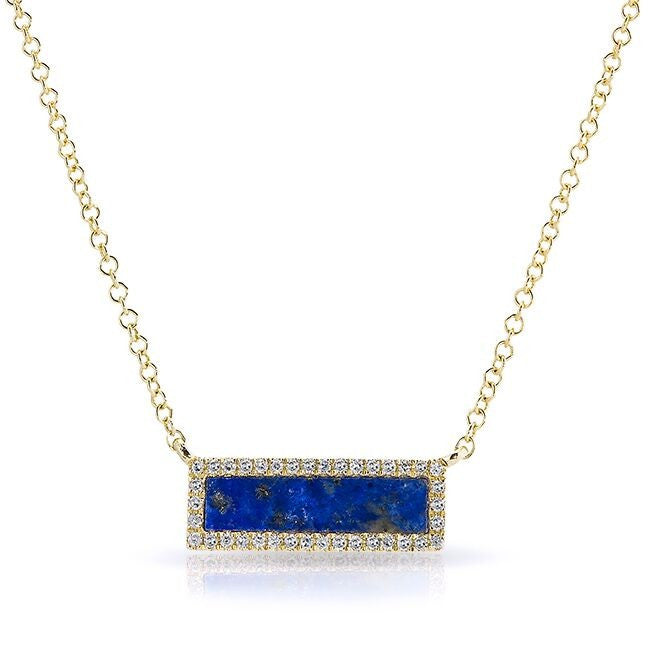 14KT Yellow Gold Lapis Diamond Brick Necklace