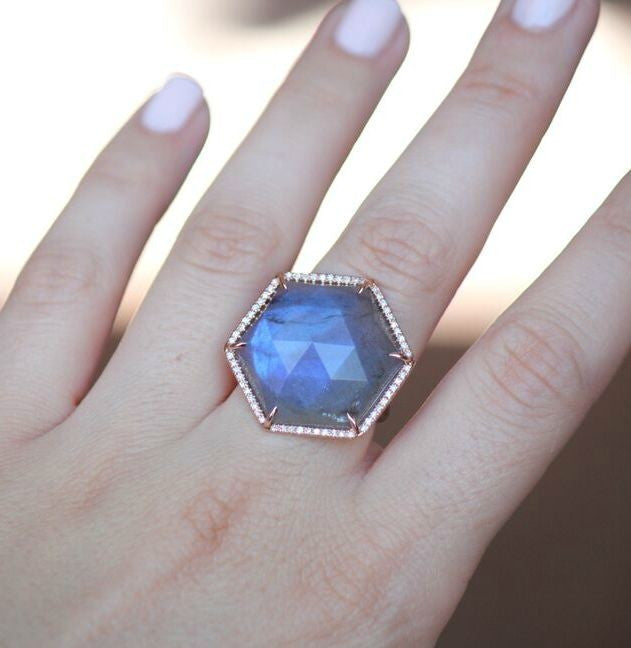14KT Rose Gold Labradorite Diamond Hexagon Cocktail Ring