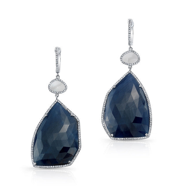 14KT White Gold Diamond Slice Sapphire Earrings
