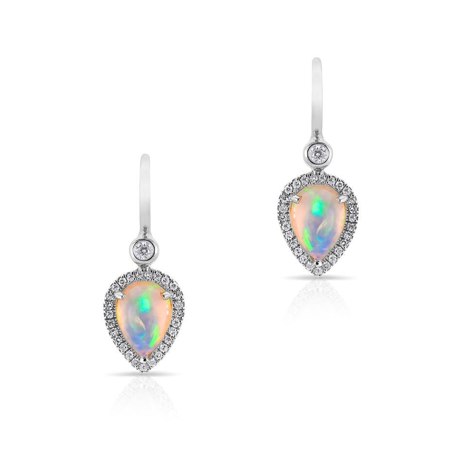 14KT White Gold Opal Diamond Pear Drop Earrings