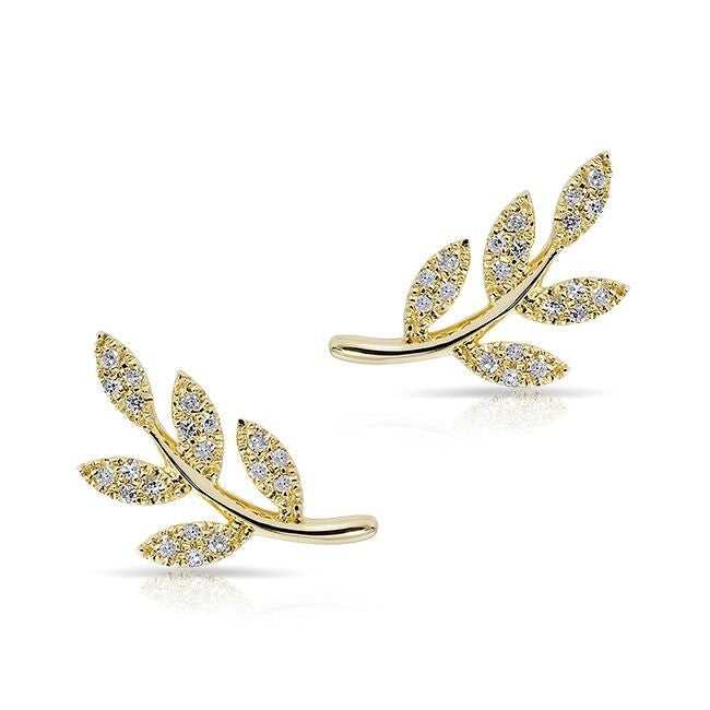 14KT Yellow Gold Diamond Leaf Stud Earrings