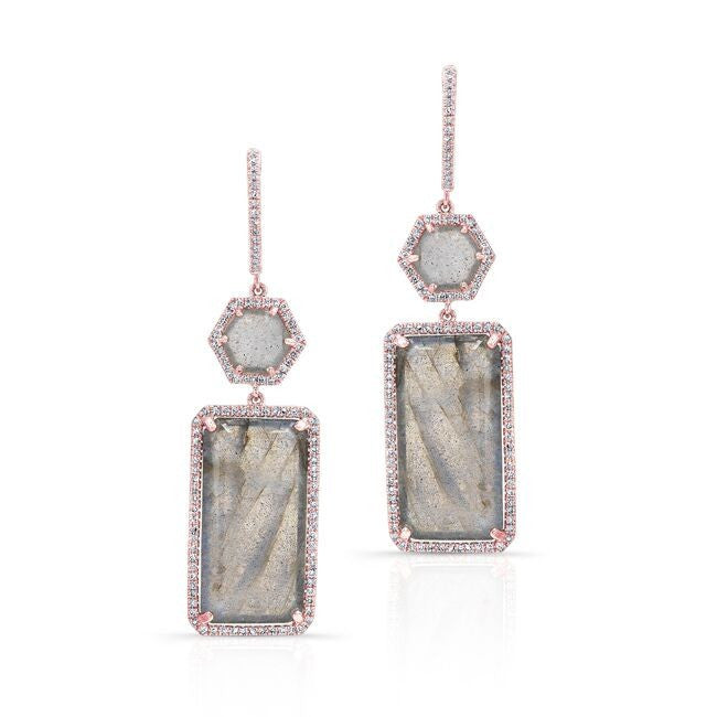 14KT Rose Gold Labradorite Diamond Geometric Earrings