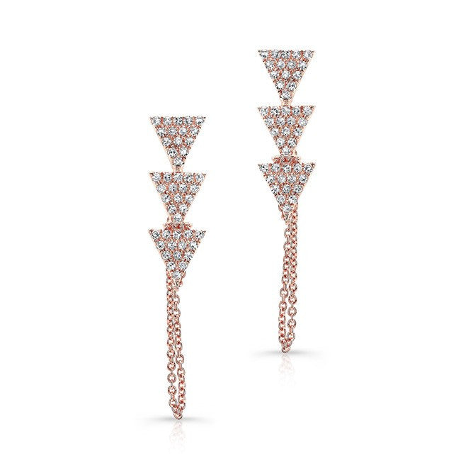 14KT Rose Gold Diamond Stacked Triangle Chain Earrings
