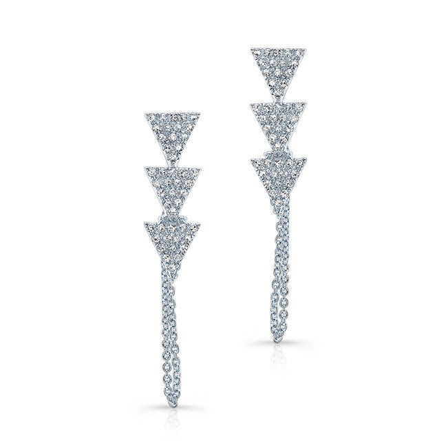 14KT White Gold Diamond Stacked Triangle Chain Earrings
