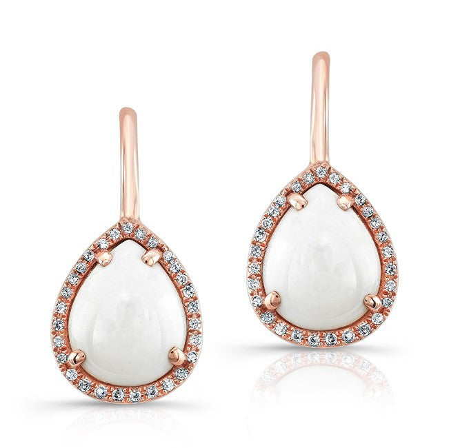 14KT Rose Gold White Agate Diamond Pear Shape Earrings