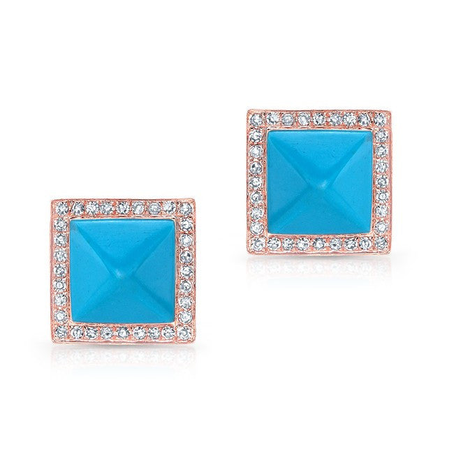 14KT Rose Gold Turquoise Diamond Pyramid  Large Stud Earrings