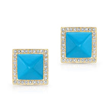 14KT Yellow Gold Turquoise Diamond Pyramid Large Stud Earrings