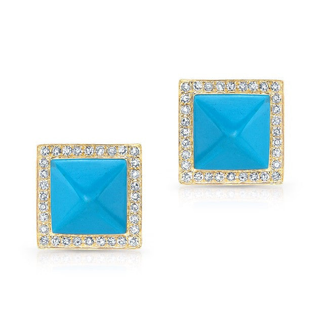 14KT Yellow Gold Turquoise Diamond Pyramid Large Stud Earrings
