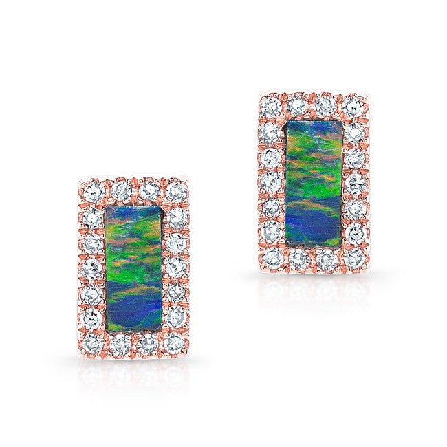 14KT Rose Gold Opal Diamond Bar Stud Earrings