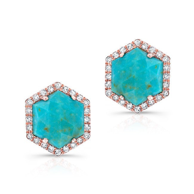 14KT Rose Gold Turquoise Diamond Hexagon Stud Earrings