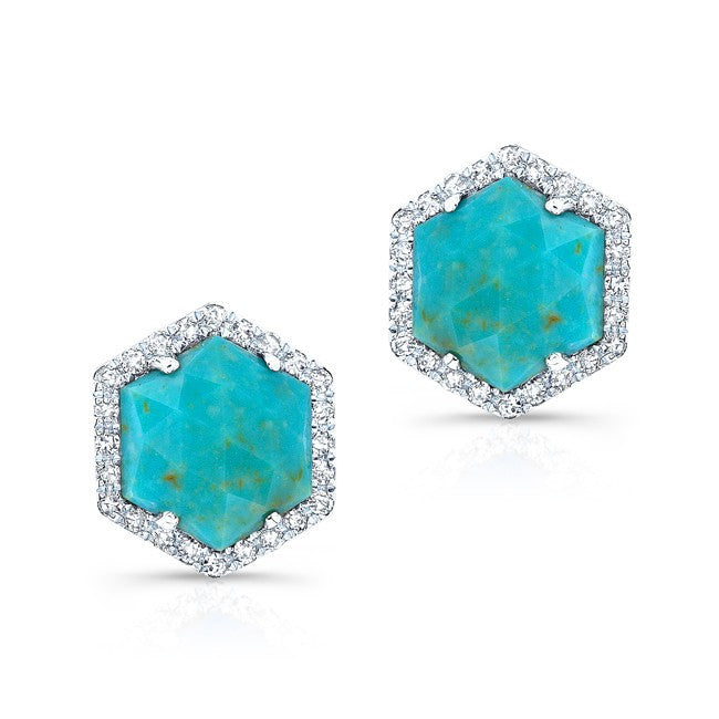 14KT White Gold Turquoise Diamond Hexagon Stud Earrings