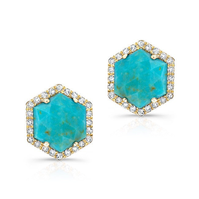 14KT Yellow Gold Turquoise Diamond Hexagon Stud Earrings