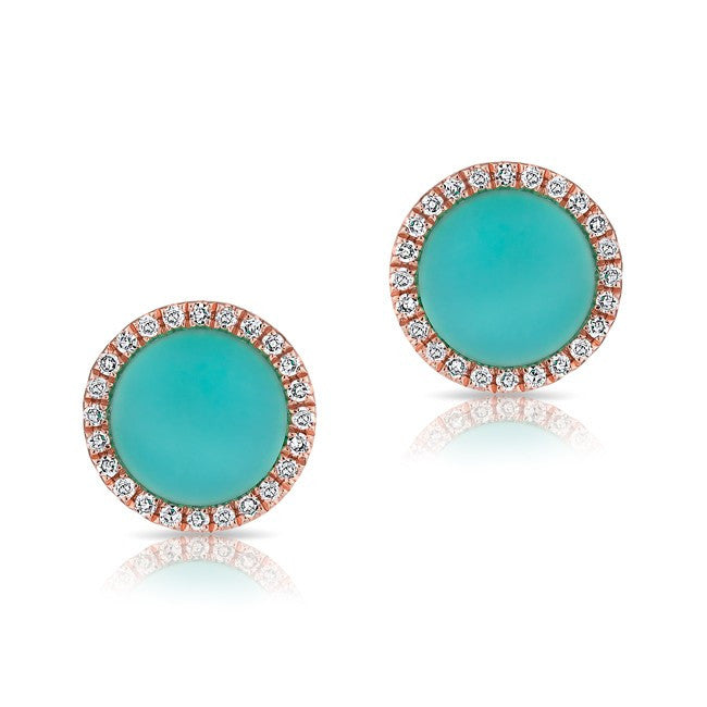 14KT Rose Gold Turquoise Diamond Disc Stud Earrings
