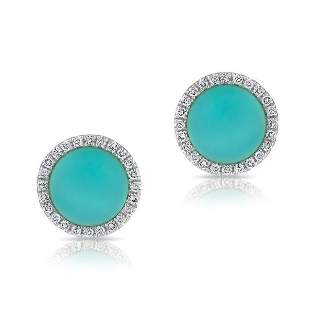 14KT White Gold Turquoise Diamond Disc Stud Earrings