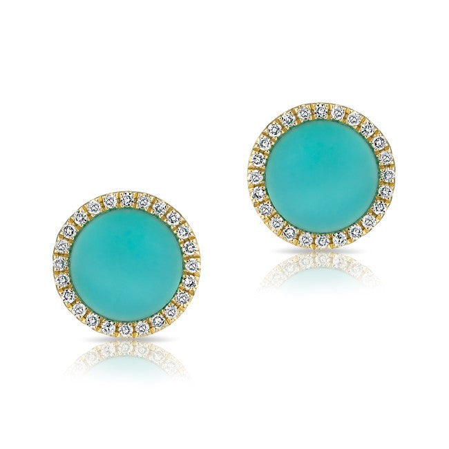 14KT Yellow Gold Turquoise Diamond Disc Stud Earrings