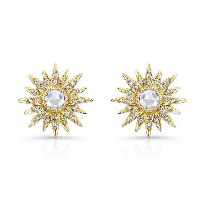 14KT Yellow Gold Diamond Vintage Style Starburst Stud Earrings
