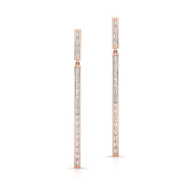 14KT Rose Gold Diamond Long Bar Baguette Earrings