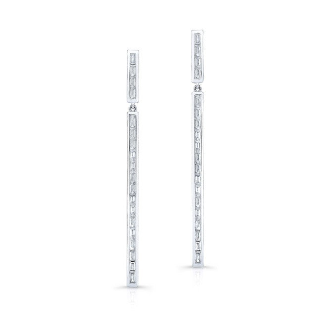 14KT White Gold Diamond Long Bar Baguette Earrings