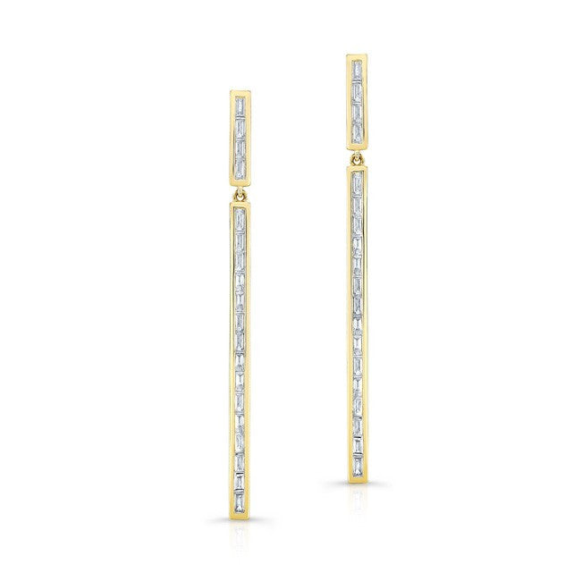 14KT Yellow Gold Diamond Long Bar Baguette Earrings