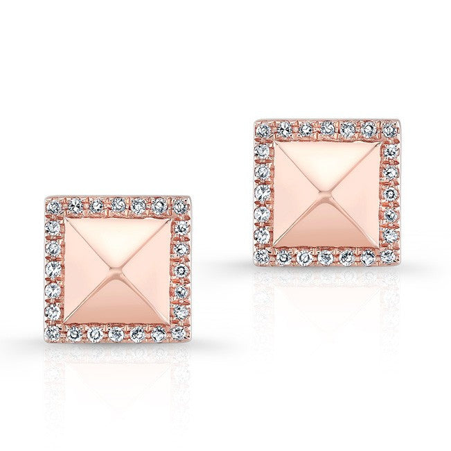 14KT Rose Gold Diamond Edged Pyramid Stud Earrings