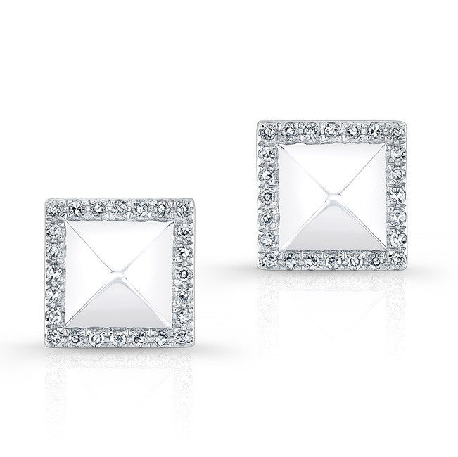 14KT White Gold Diamond Edged Pyramid Stud Earrings