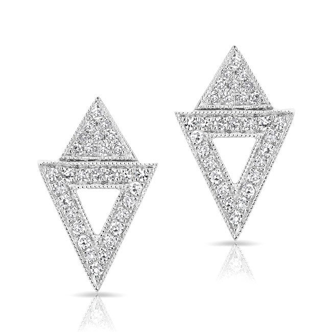 14KT White Gold Diamond Double Triangle Open Stud Earrings