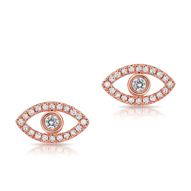 14KT Rose Gold Mini Evil Eye Diamond Stud Earrings