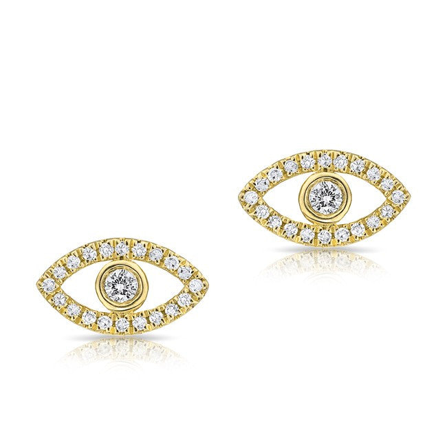 14KT Yellow Gold Mini Evil Eye Diamond Stud Earrings
