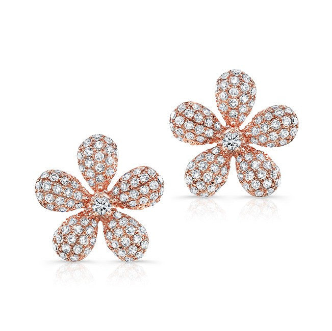 14KT Rose Gold Diamond Puffy Daisy Flower Stud Earrings