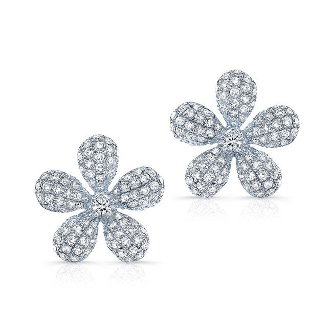 14KT White Gold Diamond Puffy Daisy Flower Stud Earrings