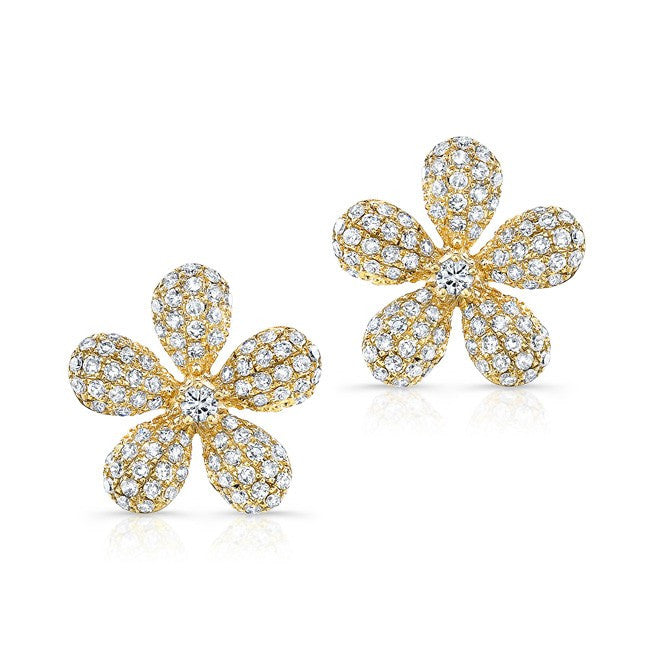 14KT Yellow Gold Diamond Puffy Daisy Flower Stud Earrings