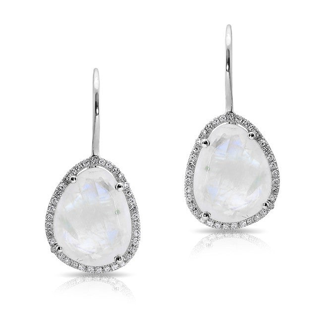 14KT White Gold Moonstone Diamond Organic Shape Earrings