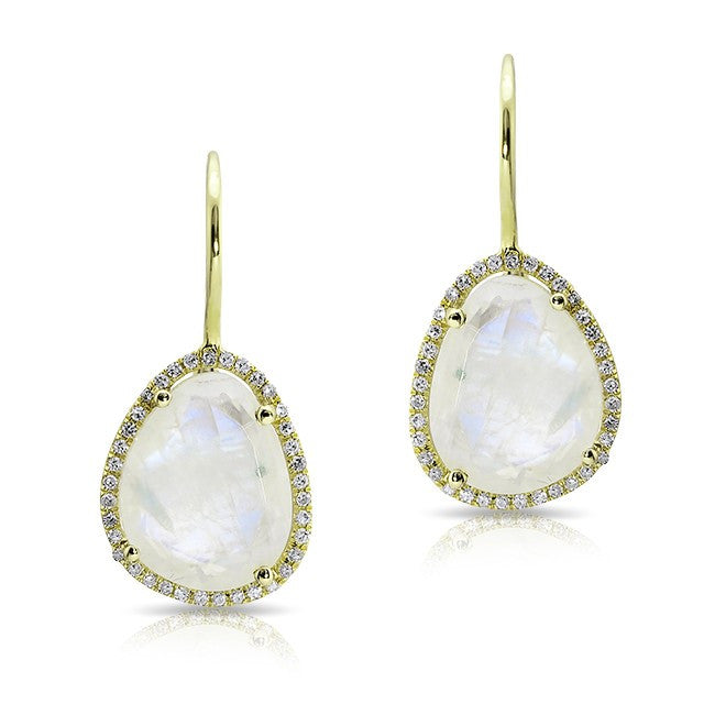 14KT Yellow Gold Moonstone Diamond Organic Shape Earrings