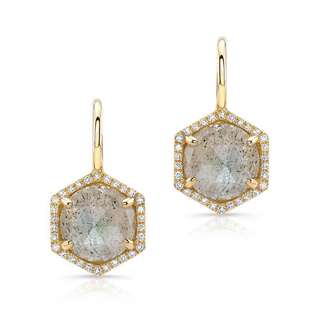 14KT Yellow Gold Labradorite Diamond Hexagon Dangle Earrings
