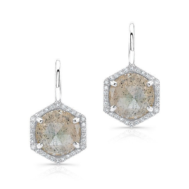 14KT White Gold Labradorite Diamond Hexagon Dangle Earrings