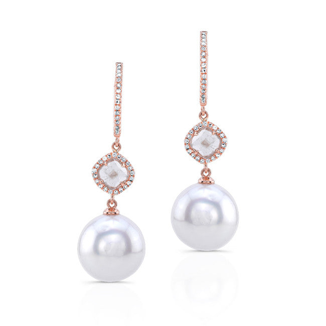 14KT Yellow Gold Diamond Slice Pearl Drop Earrings