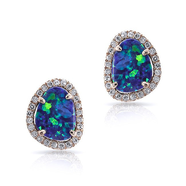 14KT Rose Gold Small Organic Opal Diamond Stud Earrings