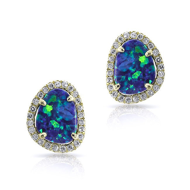 14KT Yellow Gold Mini Organic Opal Diamond Stud Earrings