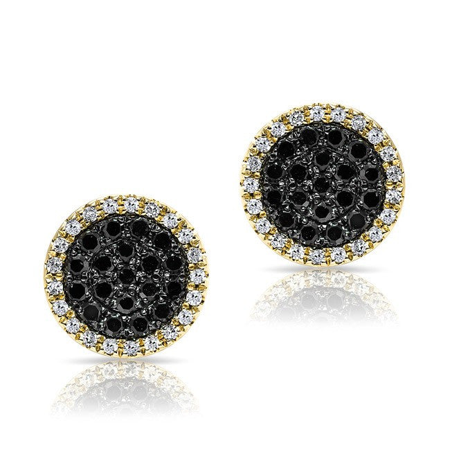 14KT Yellow Gold Diamond and Black Diamond Disc Stud Earrings