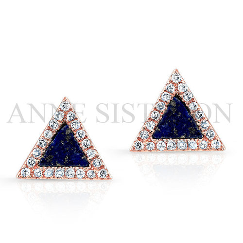 14KT Rose Gold  Lapis Lazuli Diamond Triangle Stud Earrings