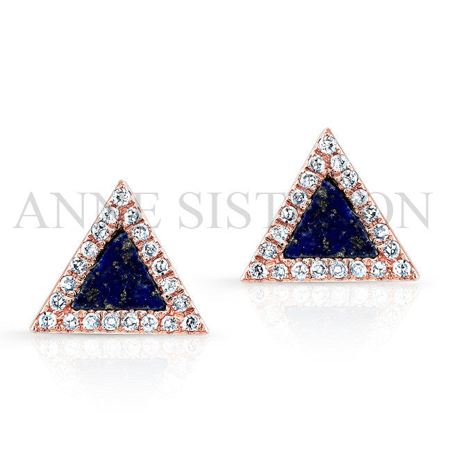 14KT Rose Gold  Lapis Lazuli Diamond Triangle Stud Earrings