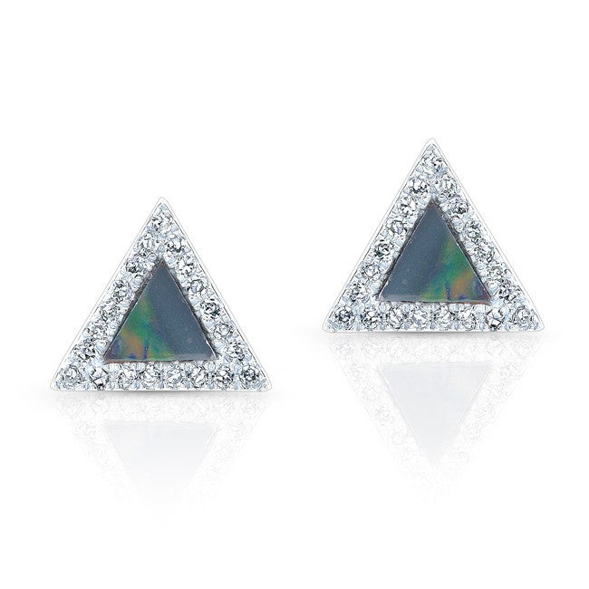 14KT White Gold Opal Diamond Triangle Stud Earrings