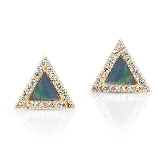 14KT Yellow Gold Opal Diamond Triangle Stud Earrings