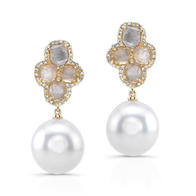 14KT Yellow Gold Diamond Slice Grey Pearl Earrings