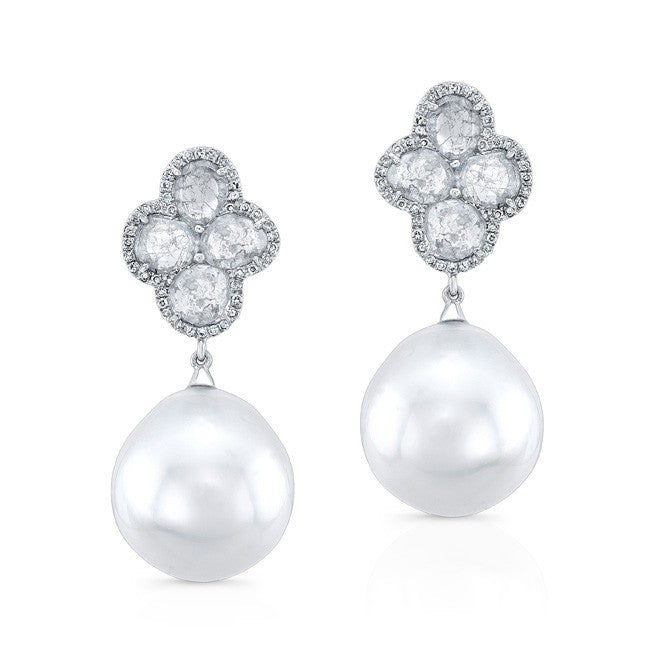 14KT White Gold Diamond Slice Grey Pearl Earrings