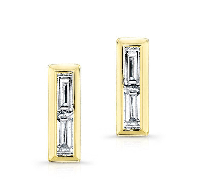 14KT Yellow Gold Diamond Double Baguette Bar Earrings