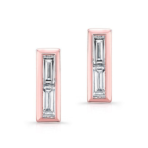 14KT Rose Gold Diamond Double Baguette Bar Earrings