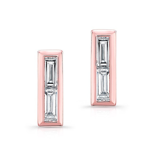 14KT Rose Gold Diamond Double Baguette Bar Earrings