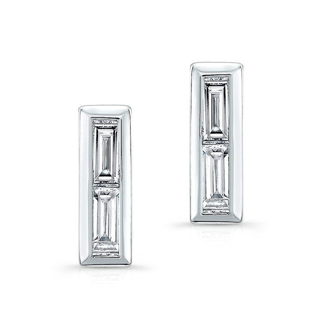 14KT White Gold Diamond Double Baguette Bar Earrings