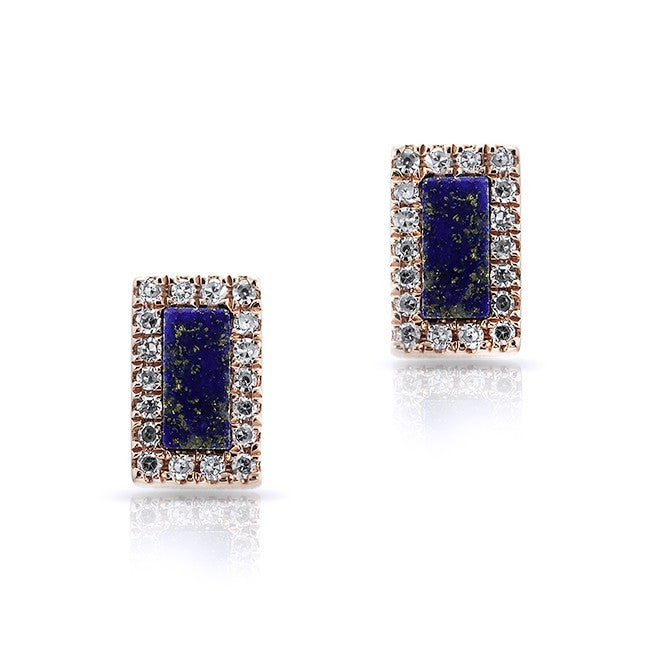 14KT Rose Gold Lapis Diamond Bar Stud Earrings